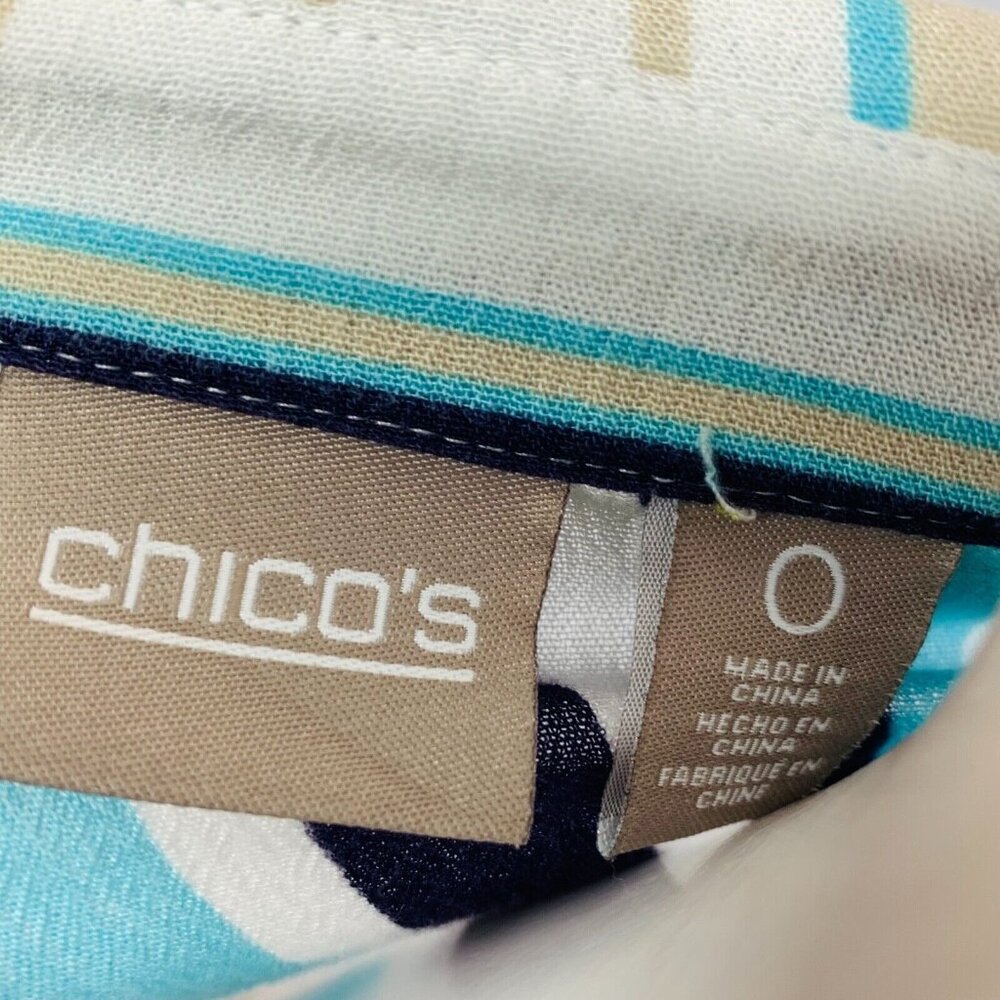 Chicos Womens Top Gauze Blue Green Mixed Stripe Roll Tab Sleeve Size 0 | S - Picture 9 of 12